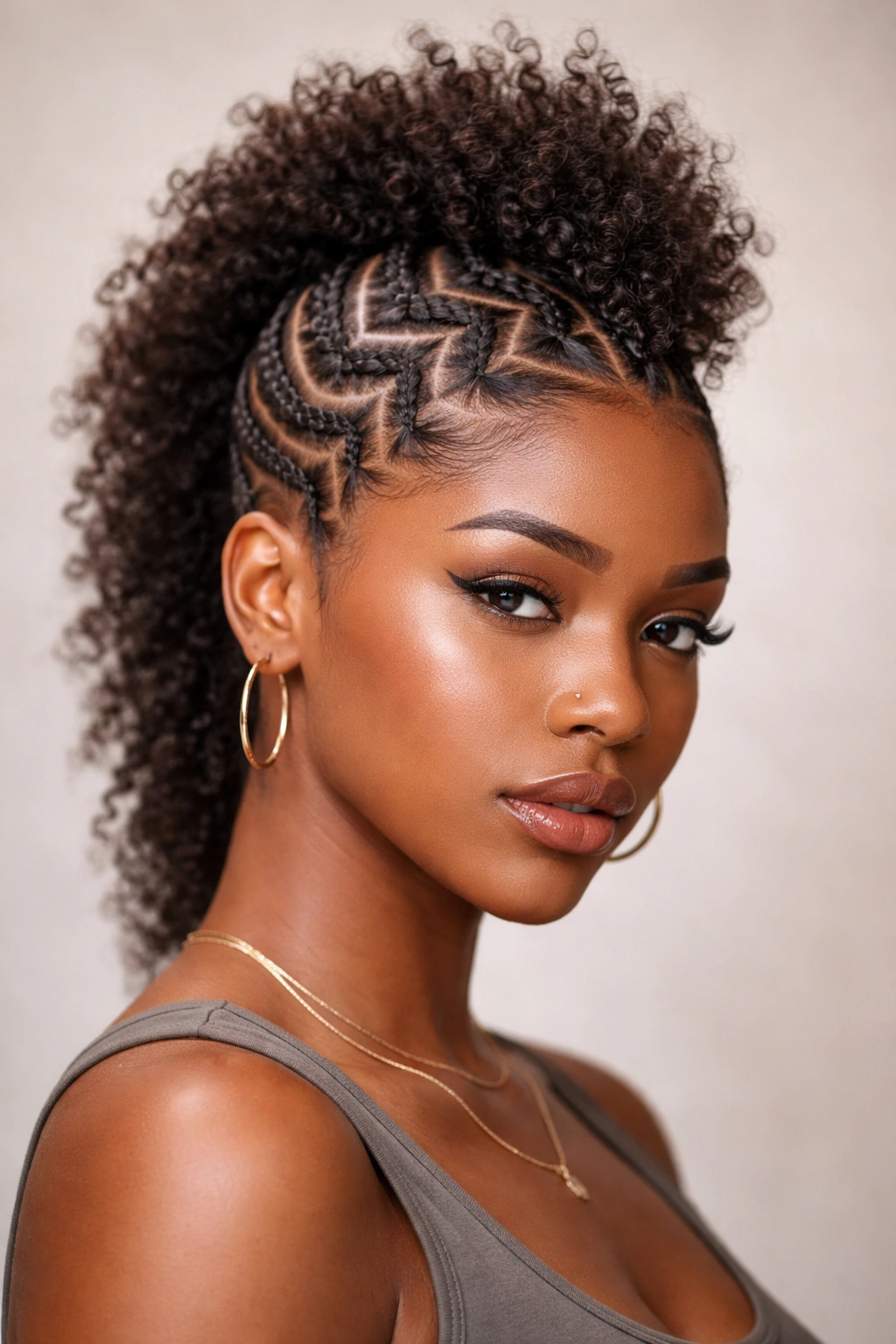 Close-up of a zigzag cornrow mohawk on natural hair with sharp angular braids