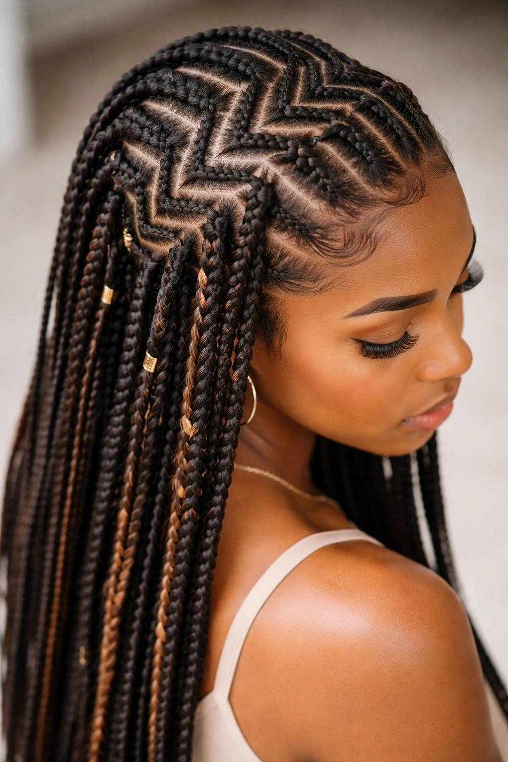Zigzag cornrow pattern with mixed-thickness box braids