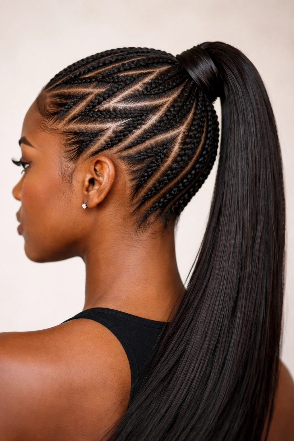 Close-up of zig-zag cornrows forming a geometric ponytail