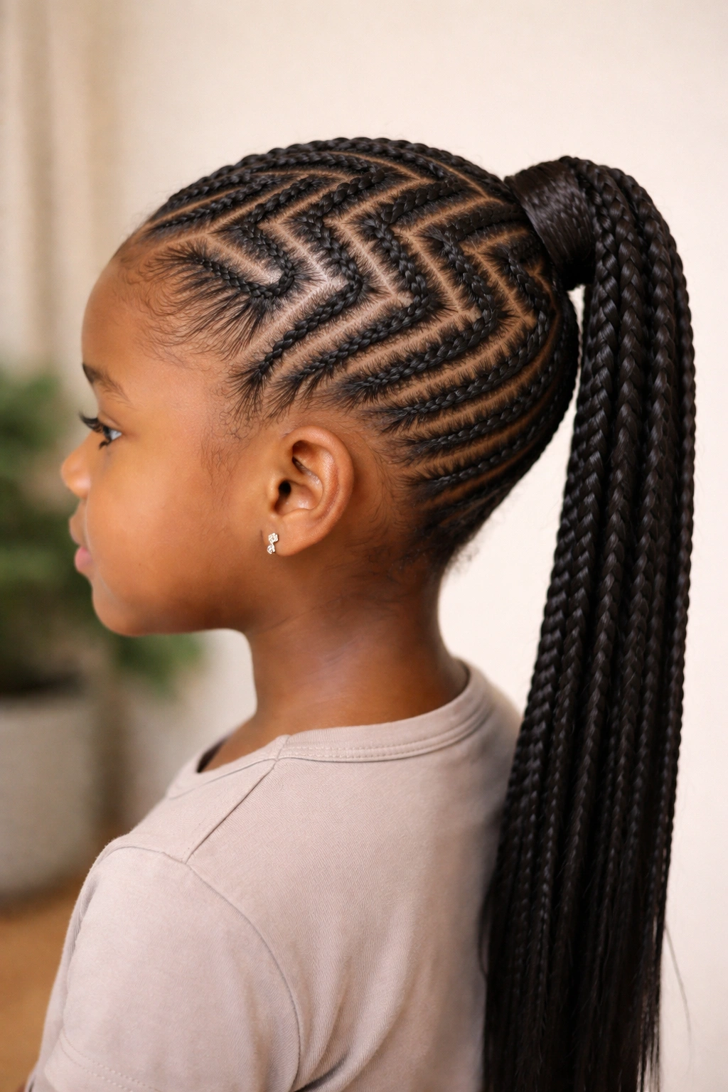 Close-up of zig-zag cornrow ponytail on a child, showing geometric braiding pattern