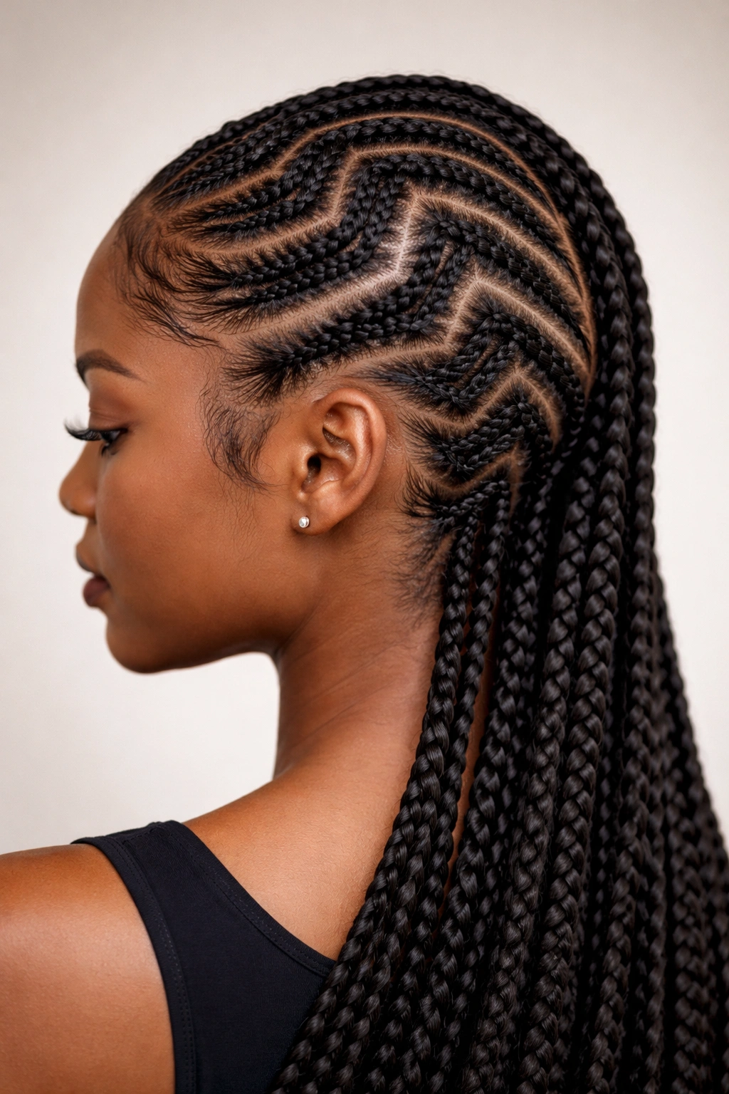 Zigzag cornrows creating dimension across scalp