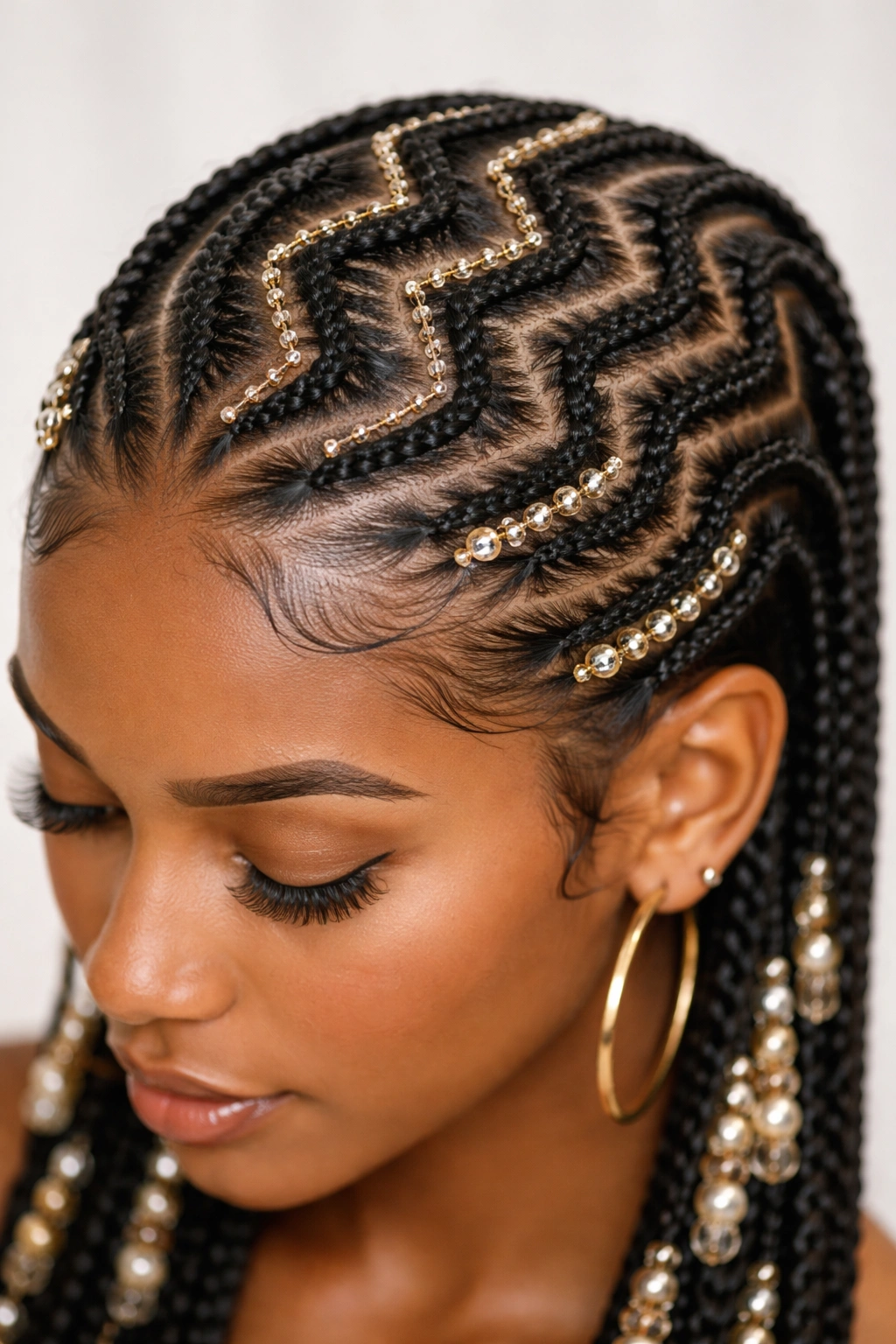 Close-up of zigzag beaded cornrows across the scalp