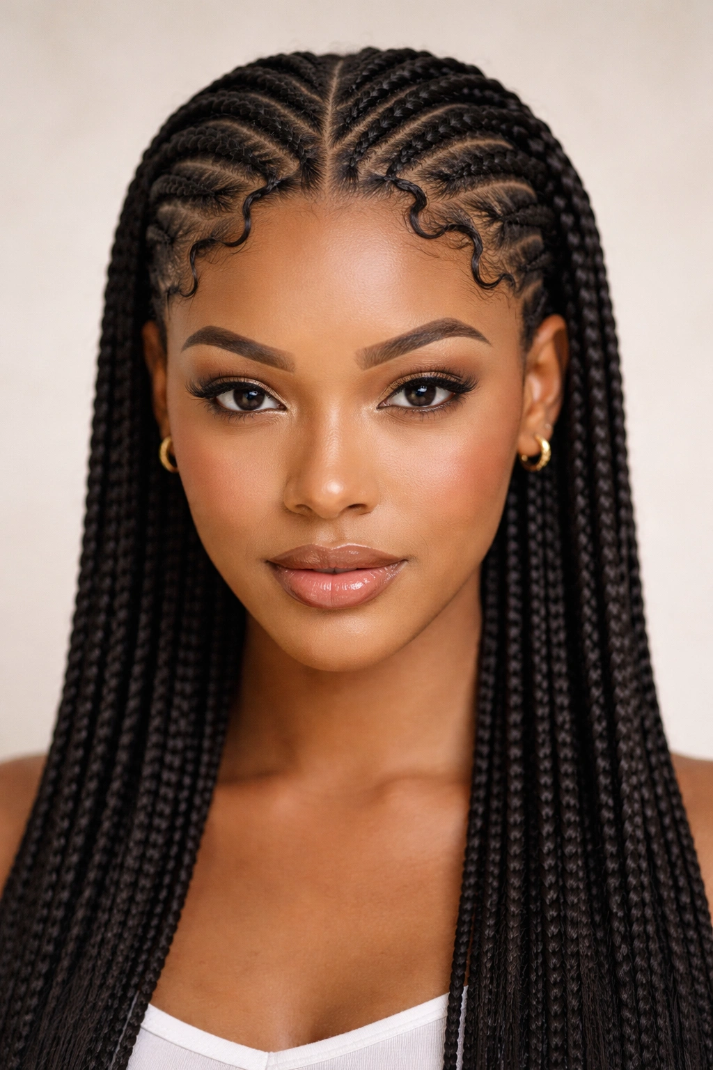 Close-up of zigzag cornrows framing the face with straight-back braids, studio portrait