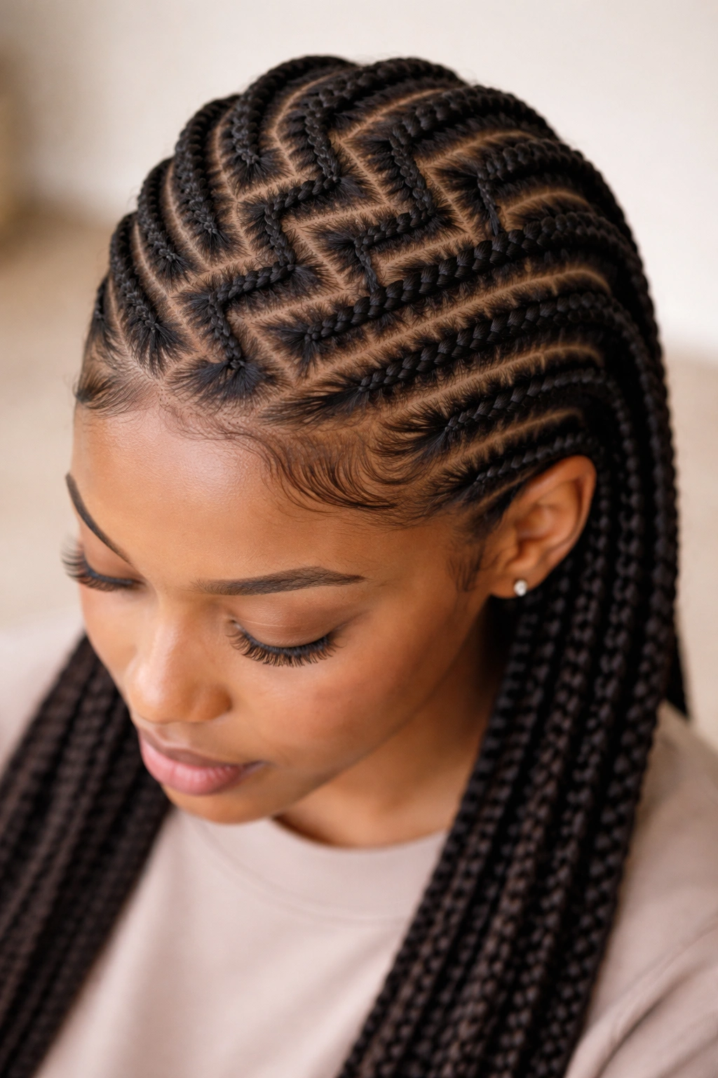 Zigzag feed-in cornrows with zigzag pattern across the scalp