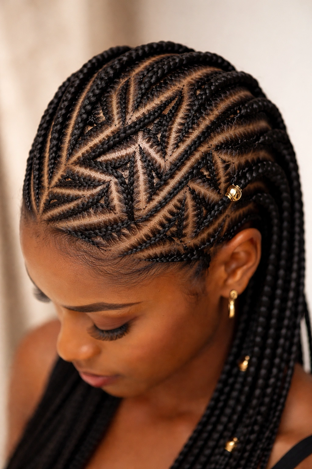 Zigzag and geometric cornrow patterns across the scalp
