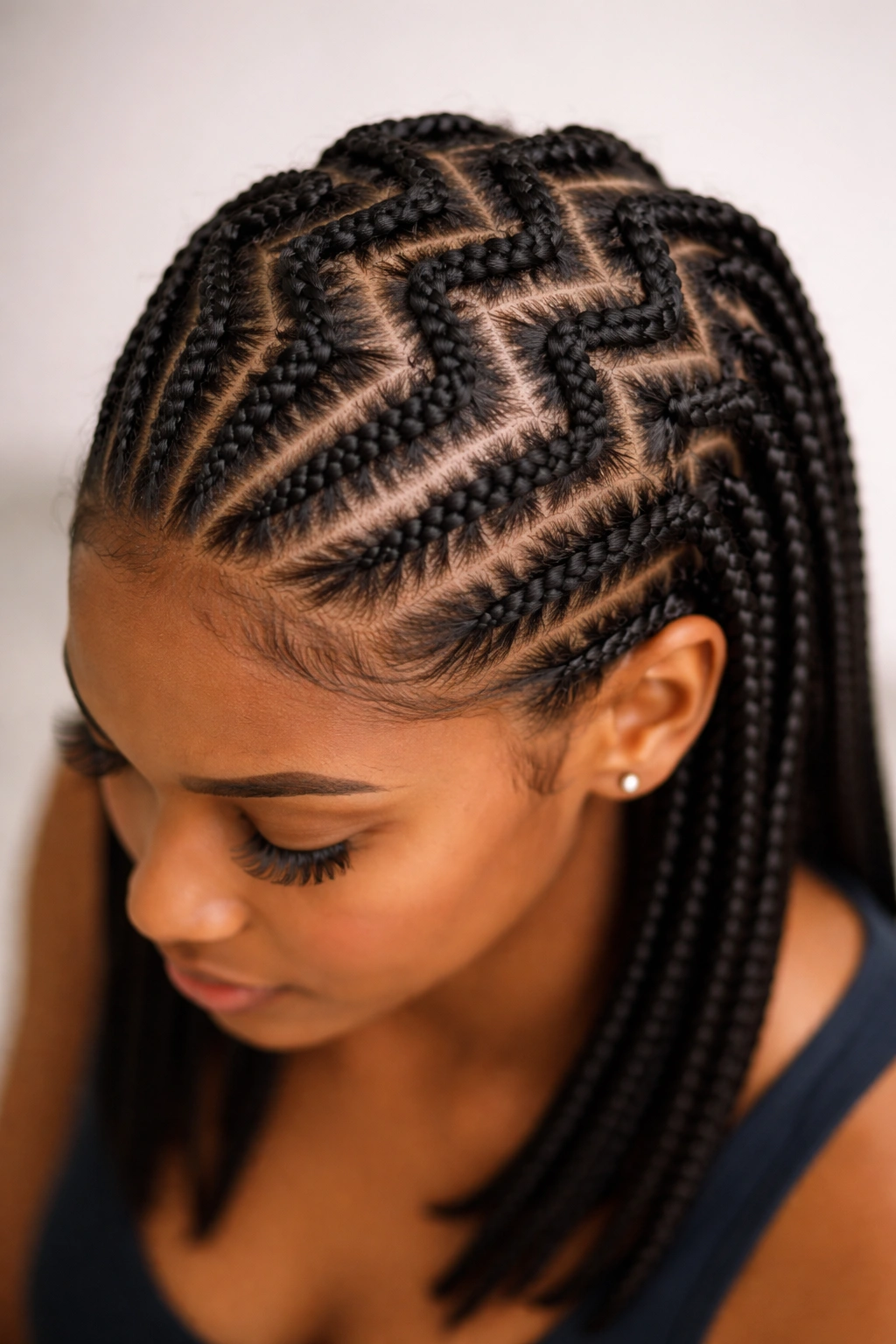Close-up of zig-zag cornrows across the scalp showing a geometric pattern