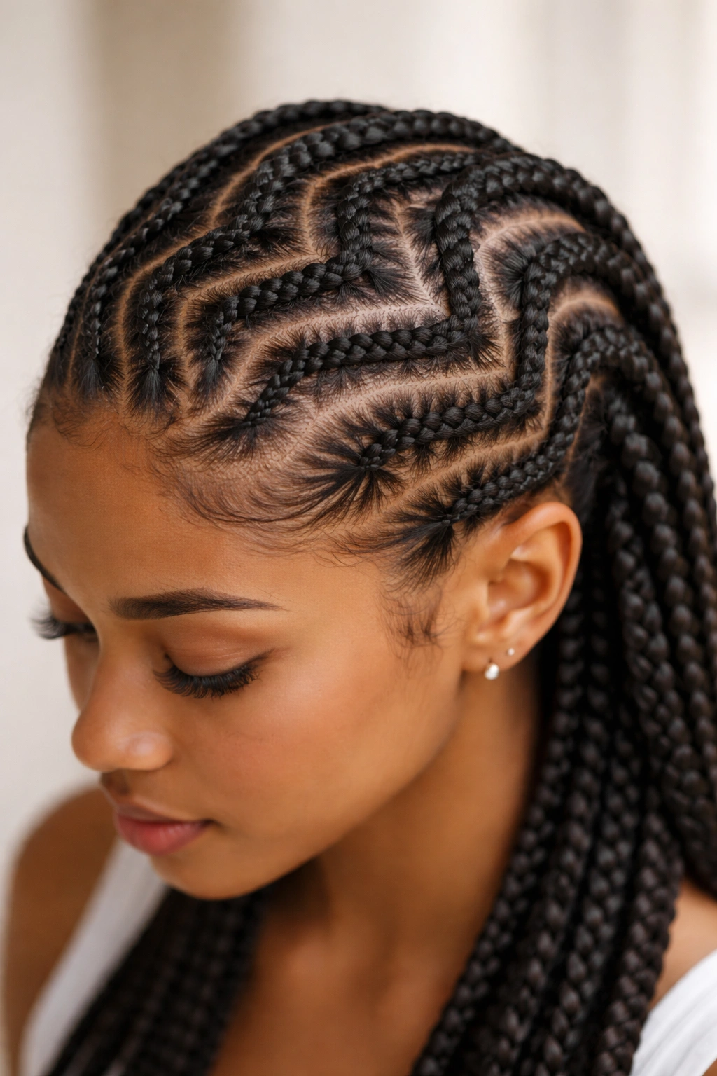 Close-up view of zigzag feed-in cornrows along the scalp emphasizing angled pattern and texture