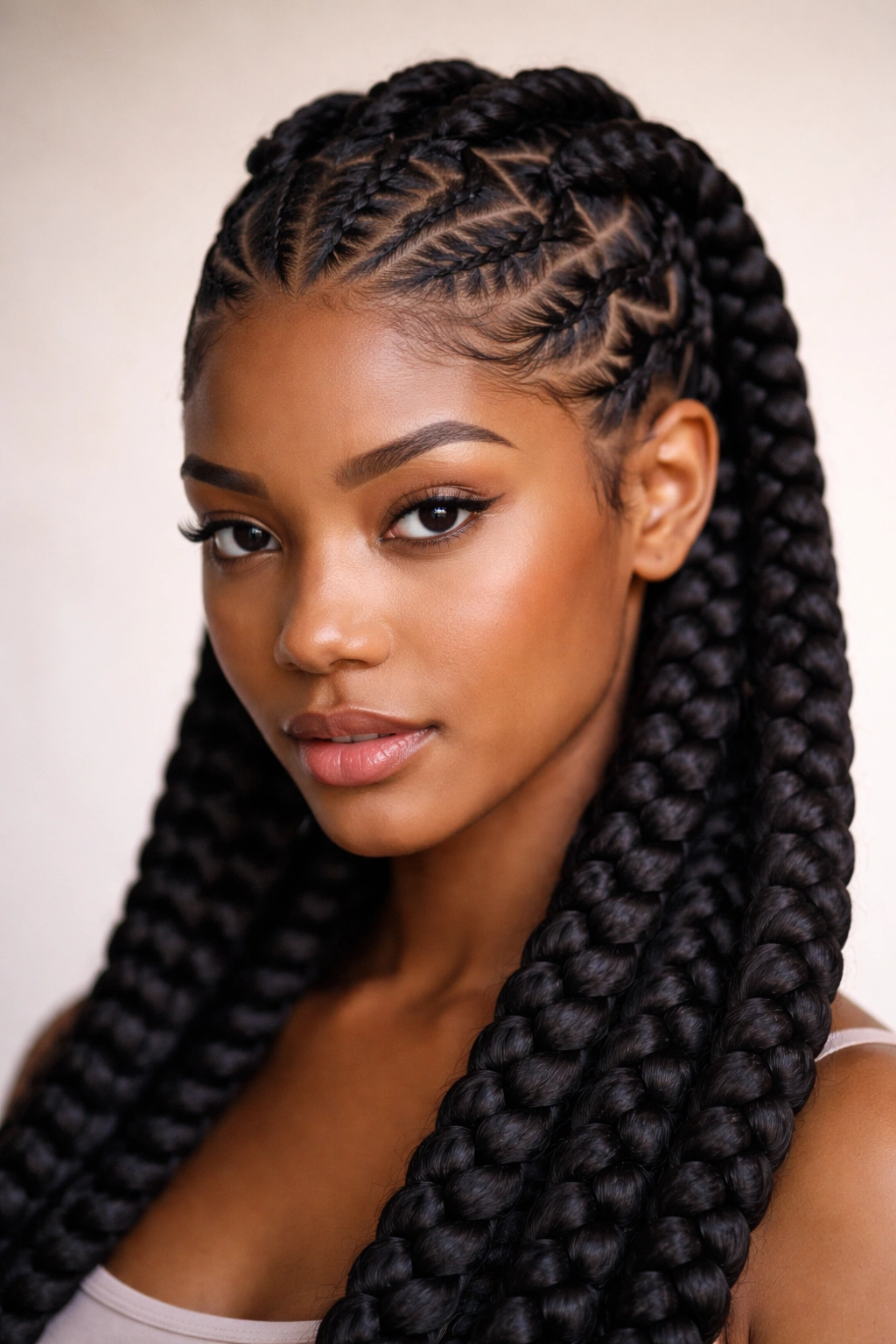 Close-up of zigzag cornrows paired with jumbo box braids on scalp.