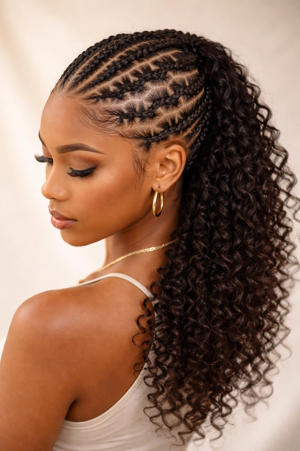 Zigzag cornrows with kinky curly ends in studio portrait