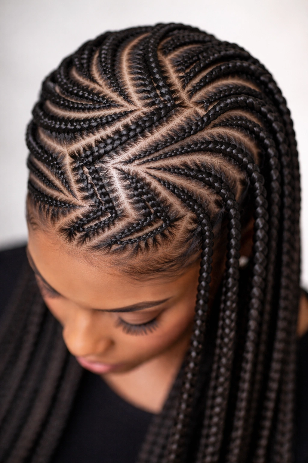 Close-up of scalp with multi-direction zigzag cornrows forming down, across, and spiral patterns.