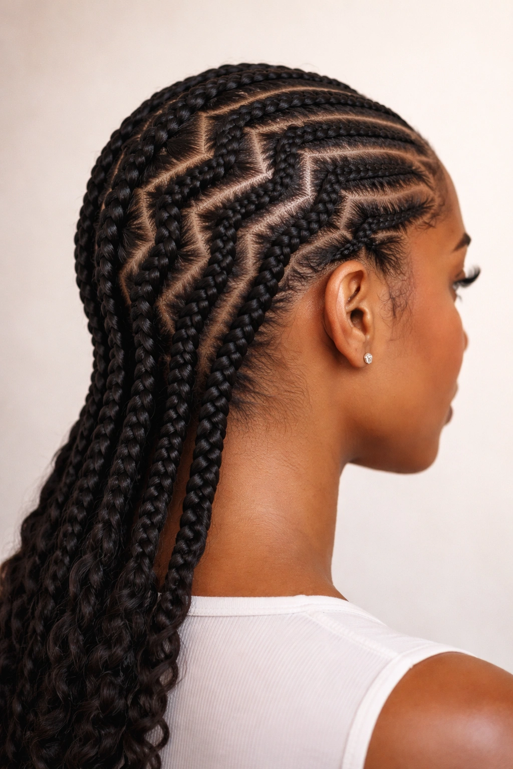 Rear-side close-up of zigzag straight-back cornrows along the scalp