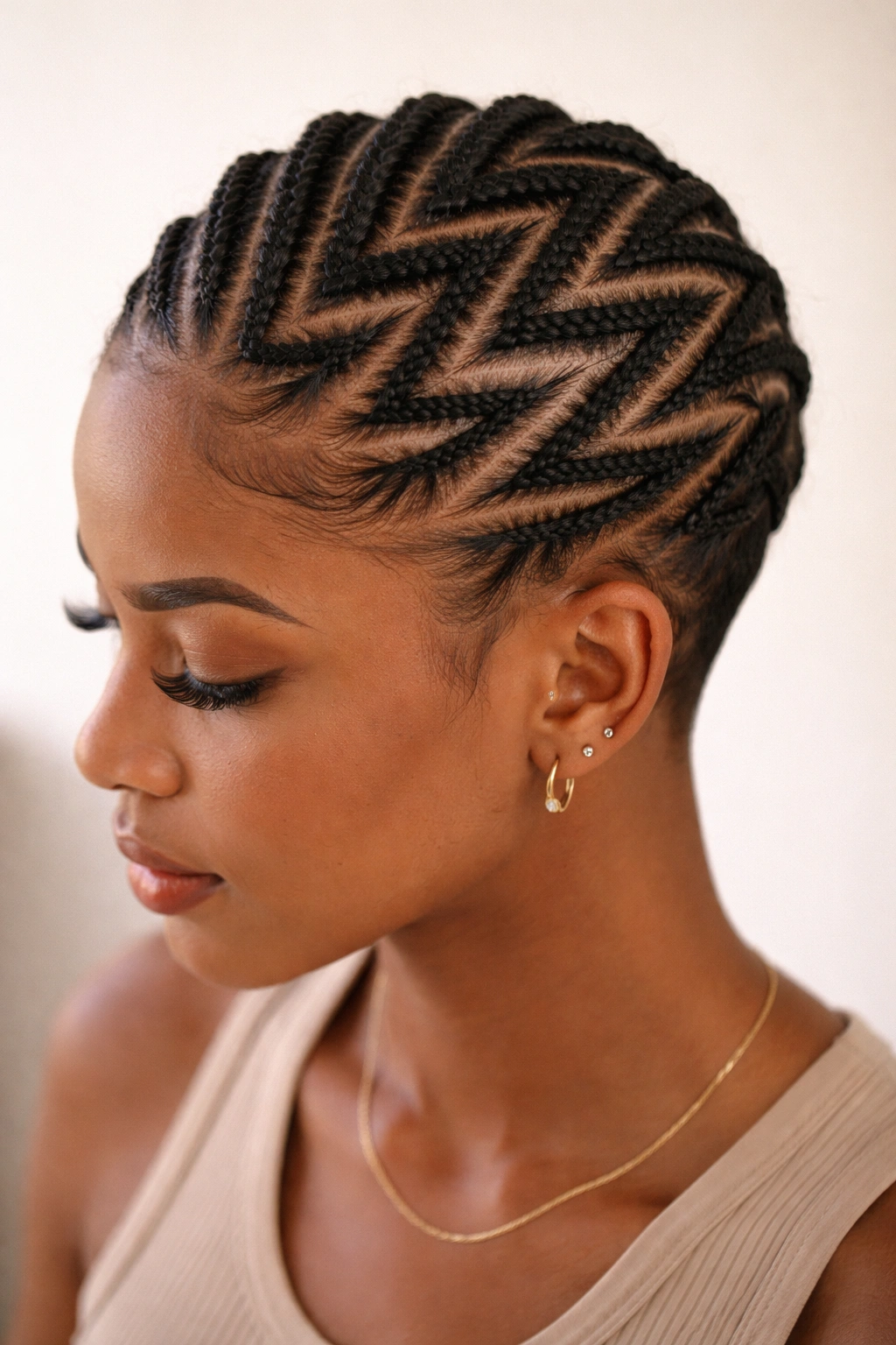 Diagonal zig-zag cornrows across the scalp on short hair