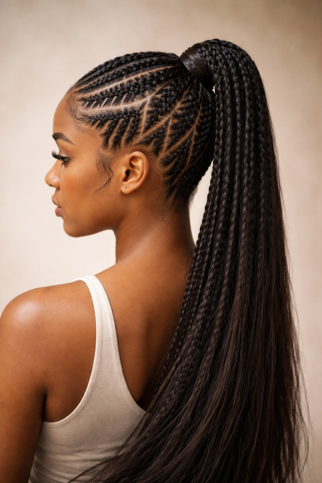 Zigzag cornrow ponytail showing a chevron pattern across the scalp into a high ponytail.