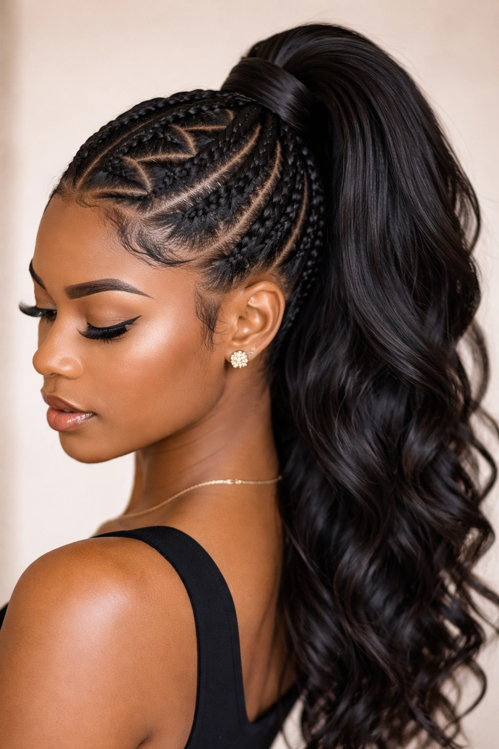 Close-up of zigzag cornrows leading to a voluminous ponytail