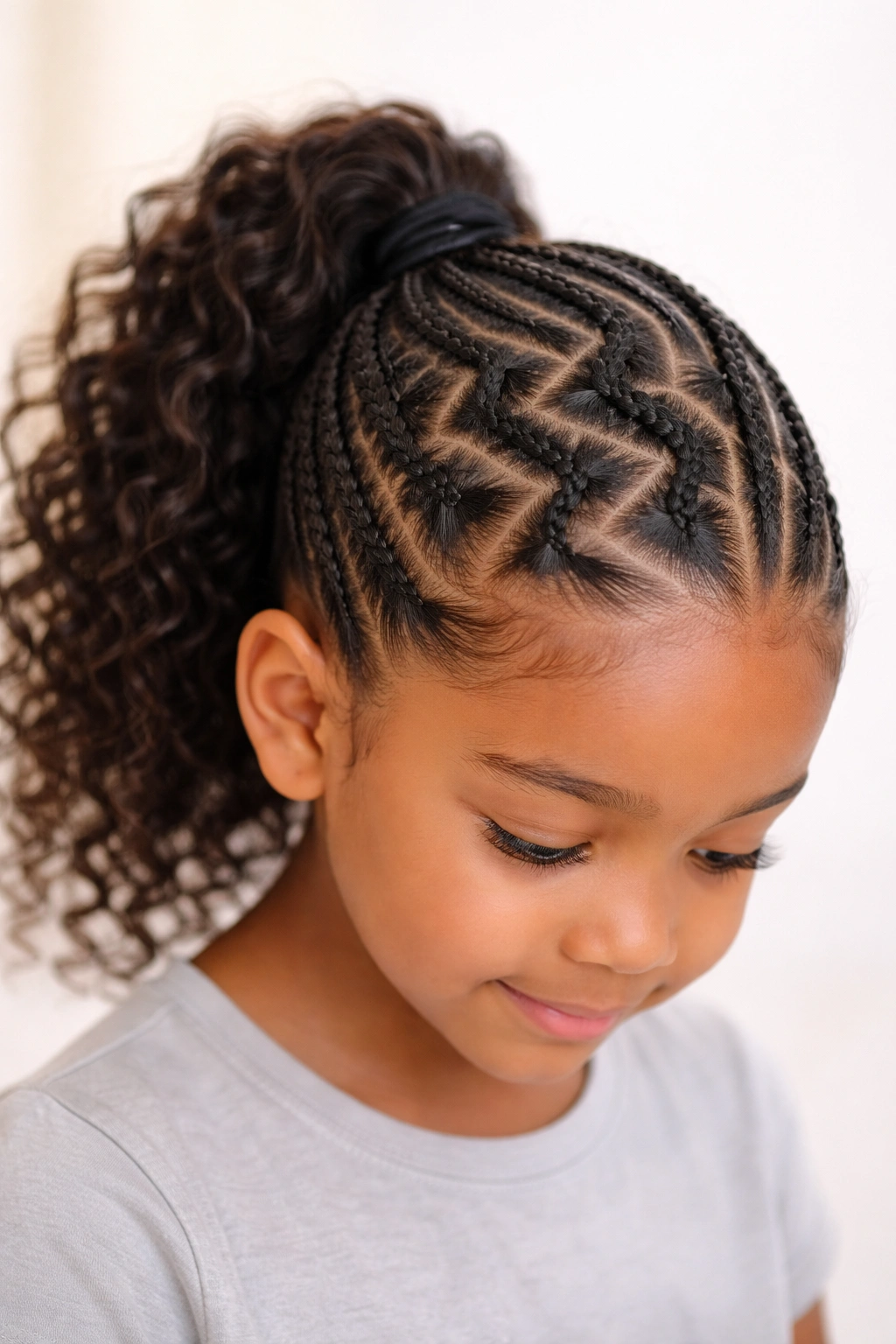 Front portrait of a child with zigzag cornrows leading to a ponytail