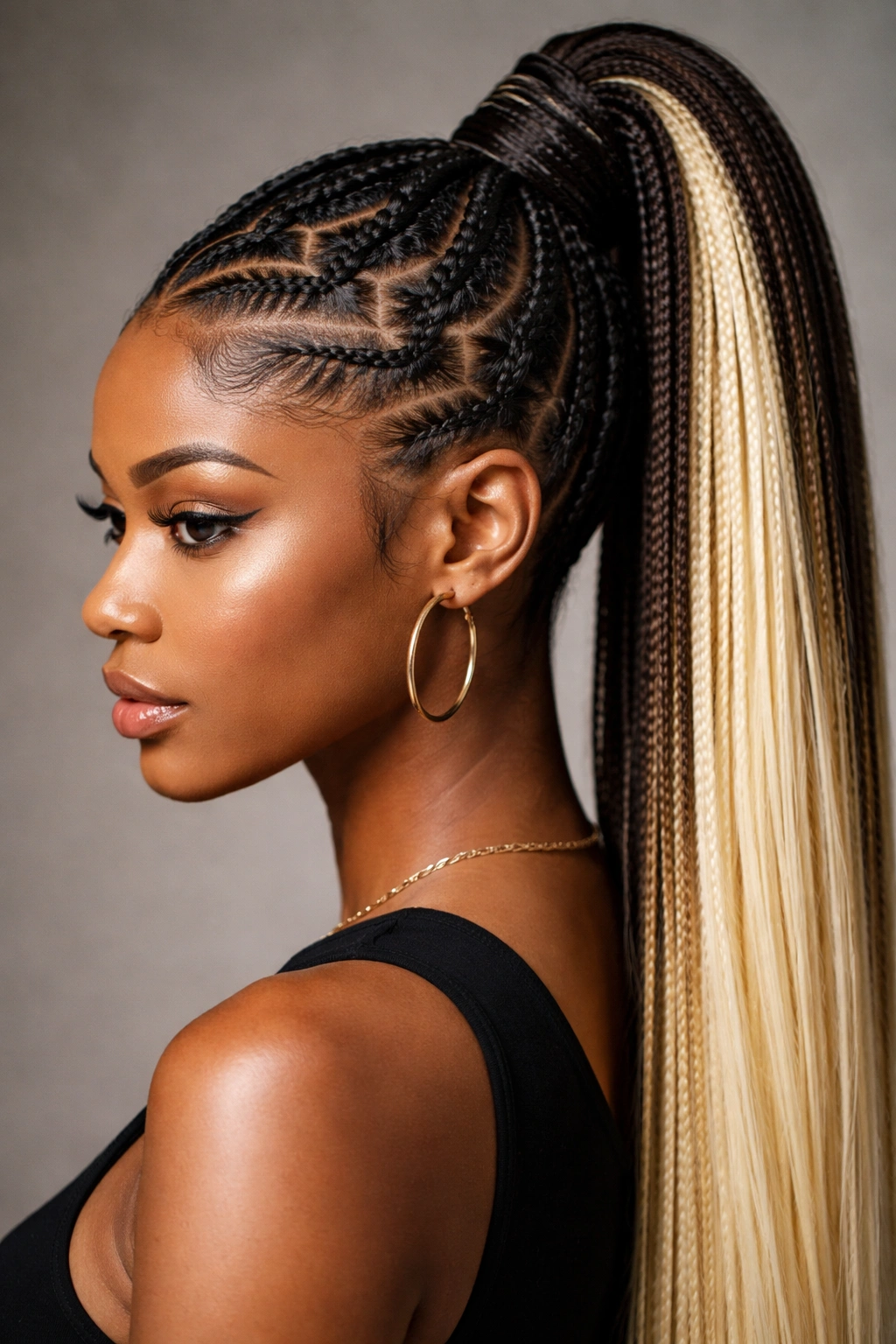 Zig-zag cornrow ponytail with contrasting extensions highlighting geometric scalp pattern