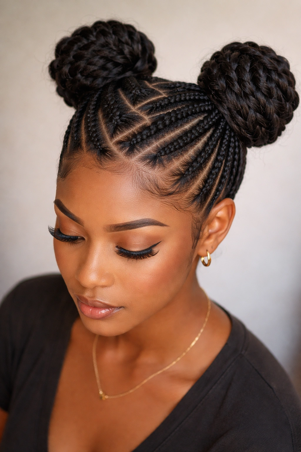 Zigzag cornrows with space buns creating dynamic diagonal lines