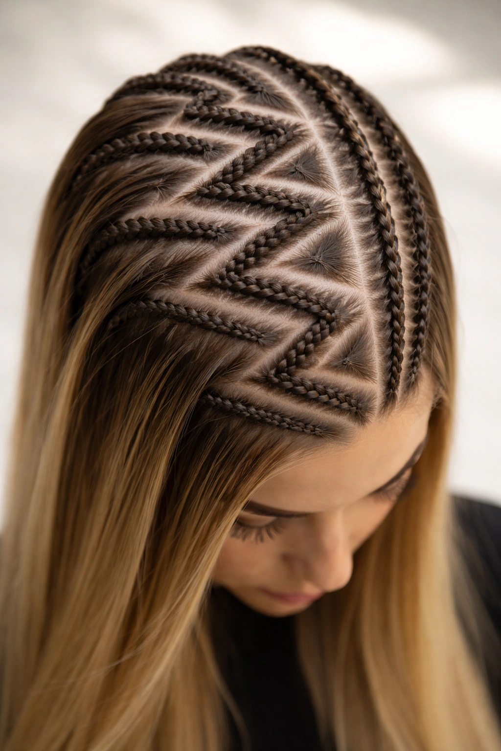 Zigzag cornrows on straight hair showing diagonal braid lines across the scalp