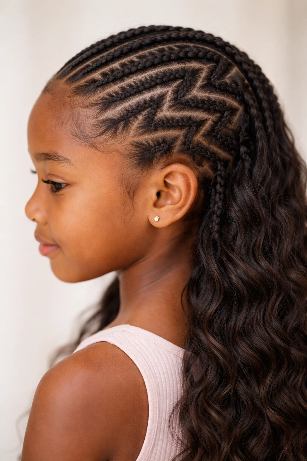 Close-up of zigzag cornrows traveling from temple to crown