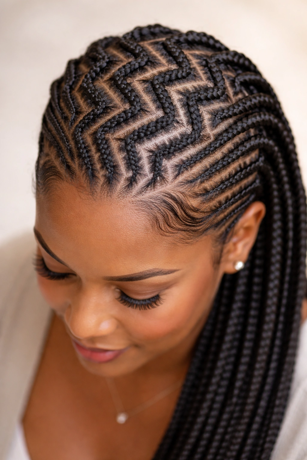 Zigzag cornrows creating geometric texture on the scalp