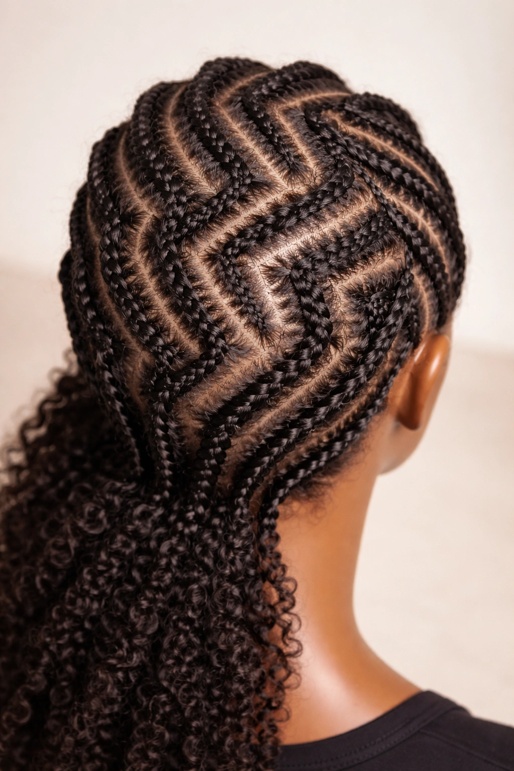Zig-zag cornrows creating diagonal pattern across scalp on a model head.