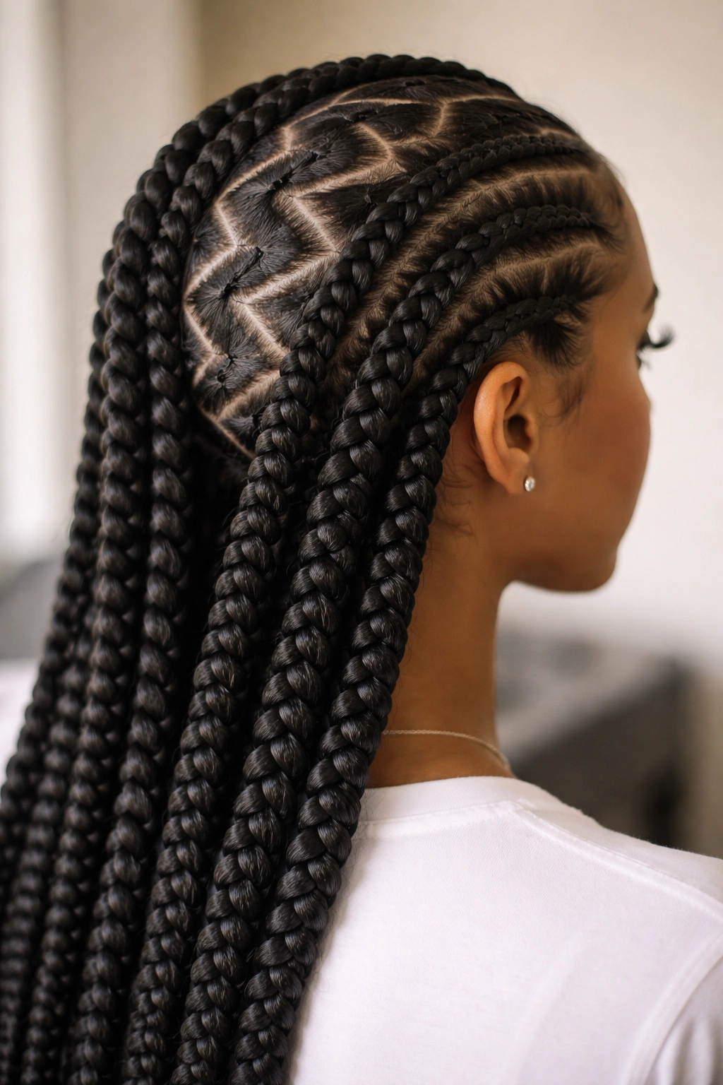 Close-up of zigzag cornrows with thick box braids from crown to nape