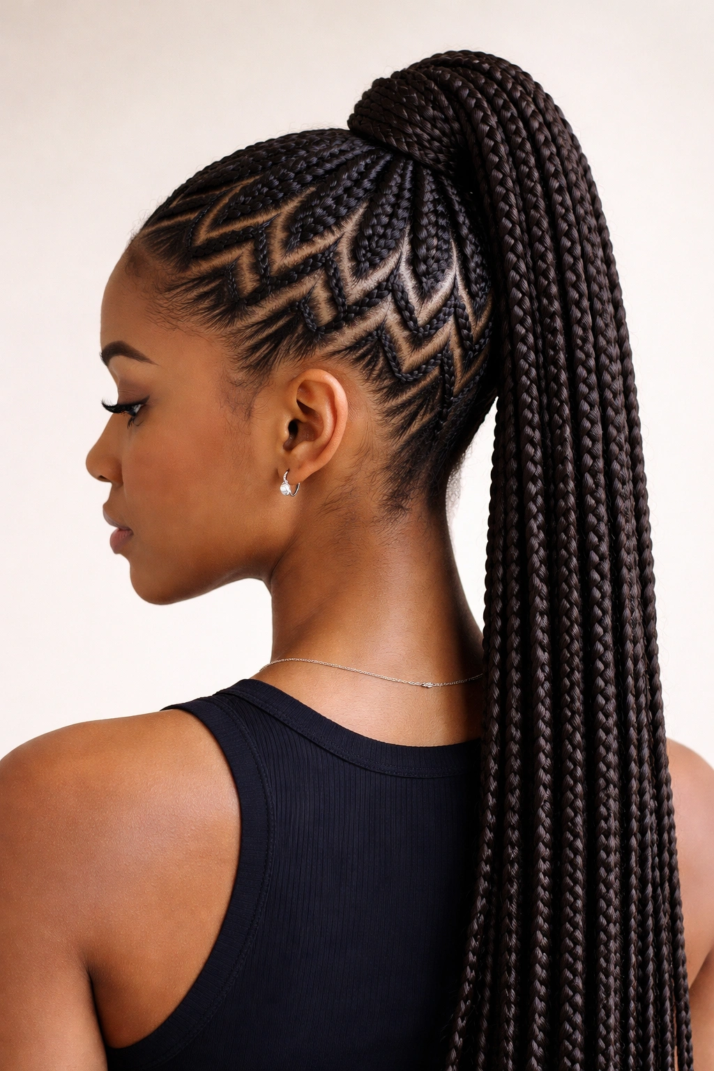 Zigzag crown around the head with a high braided ponytail