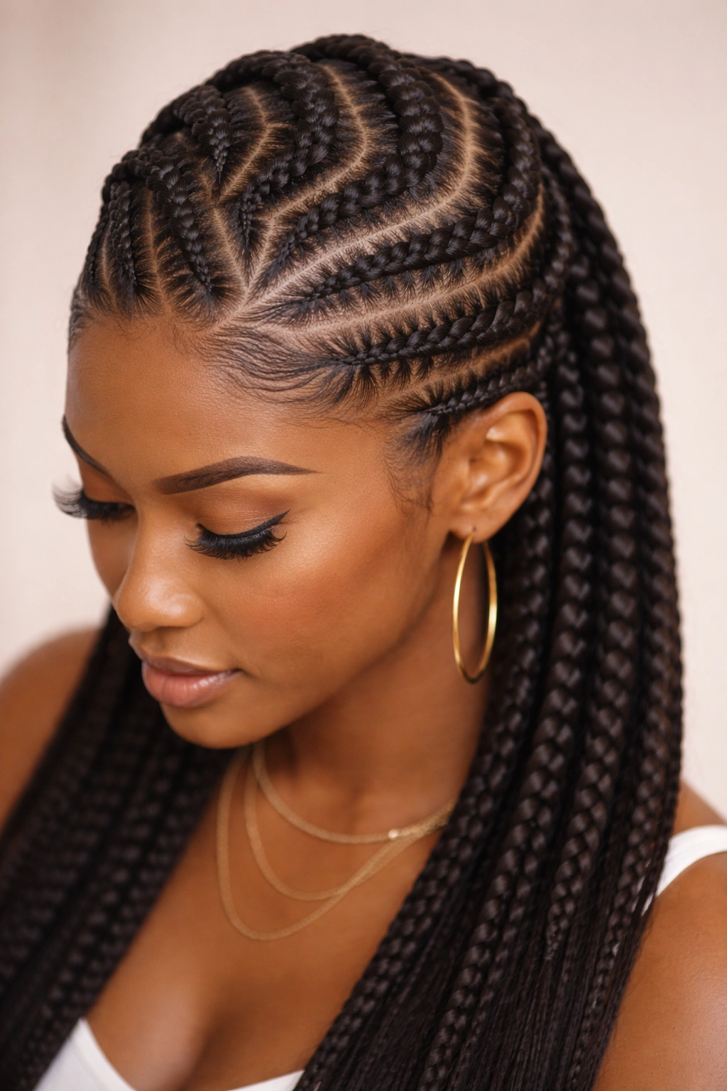 Close-up of zigzag feed-in cornrows with extensions across the head