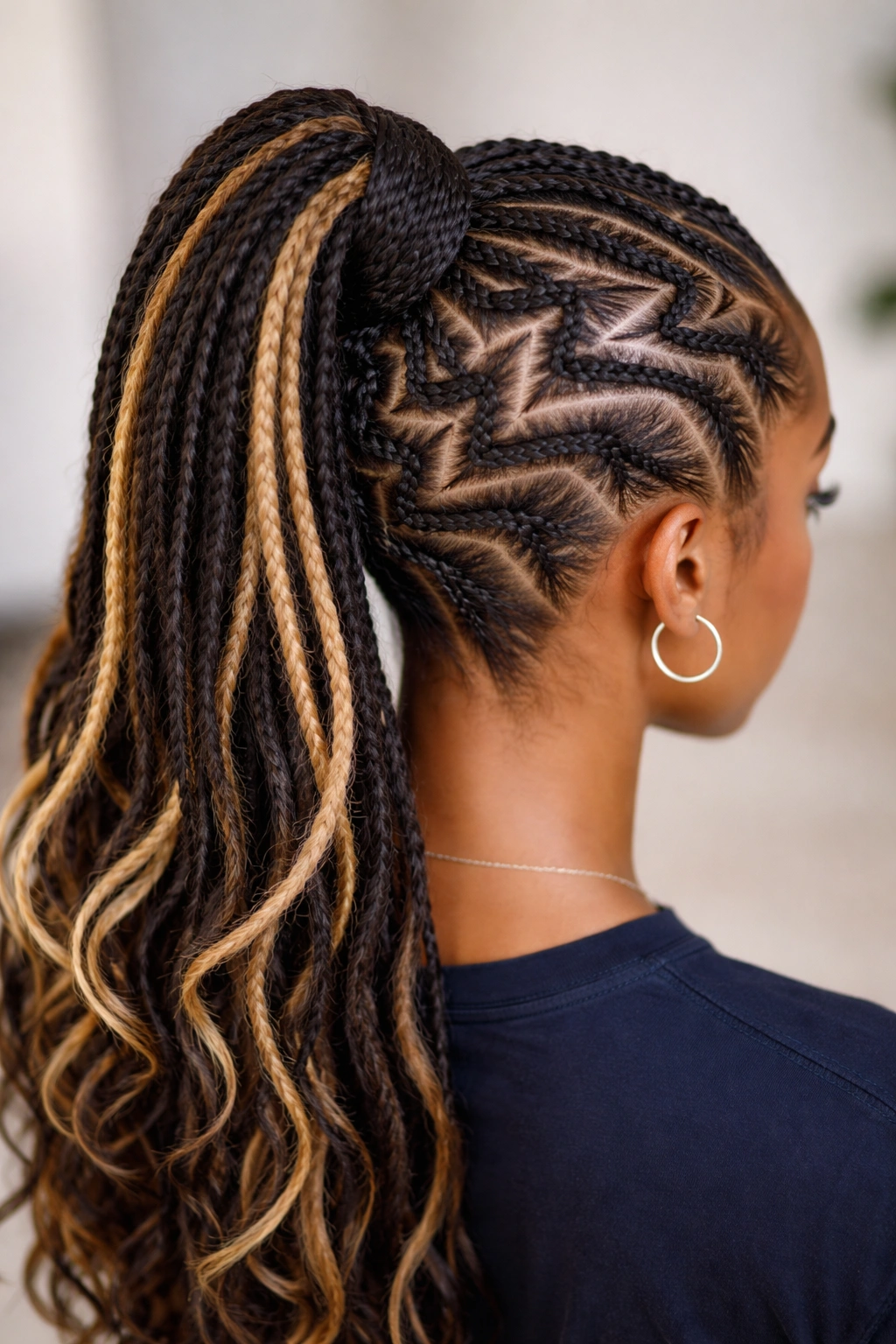 Top-down view showing zigzag feed-in braids converging into a ponytail