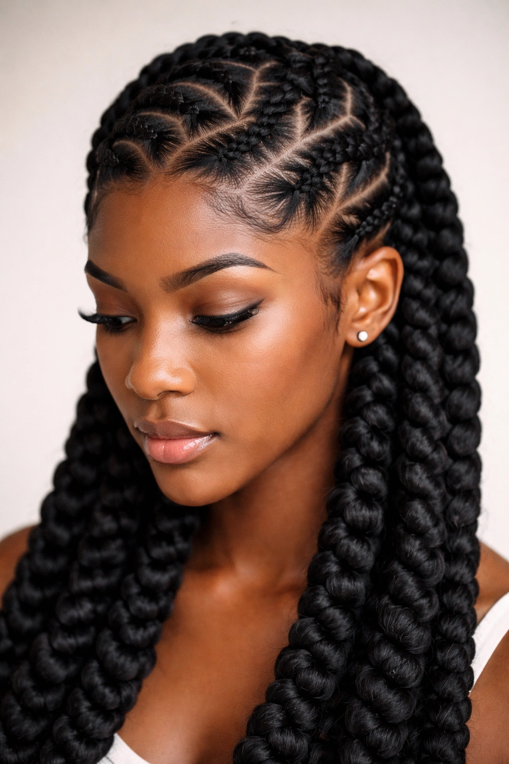 Zig-zag flat twists transitioning to chunky box braids across the scalp