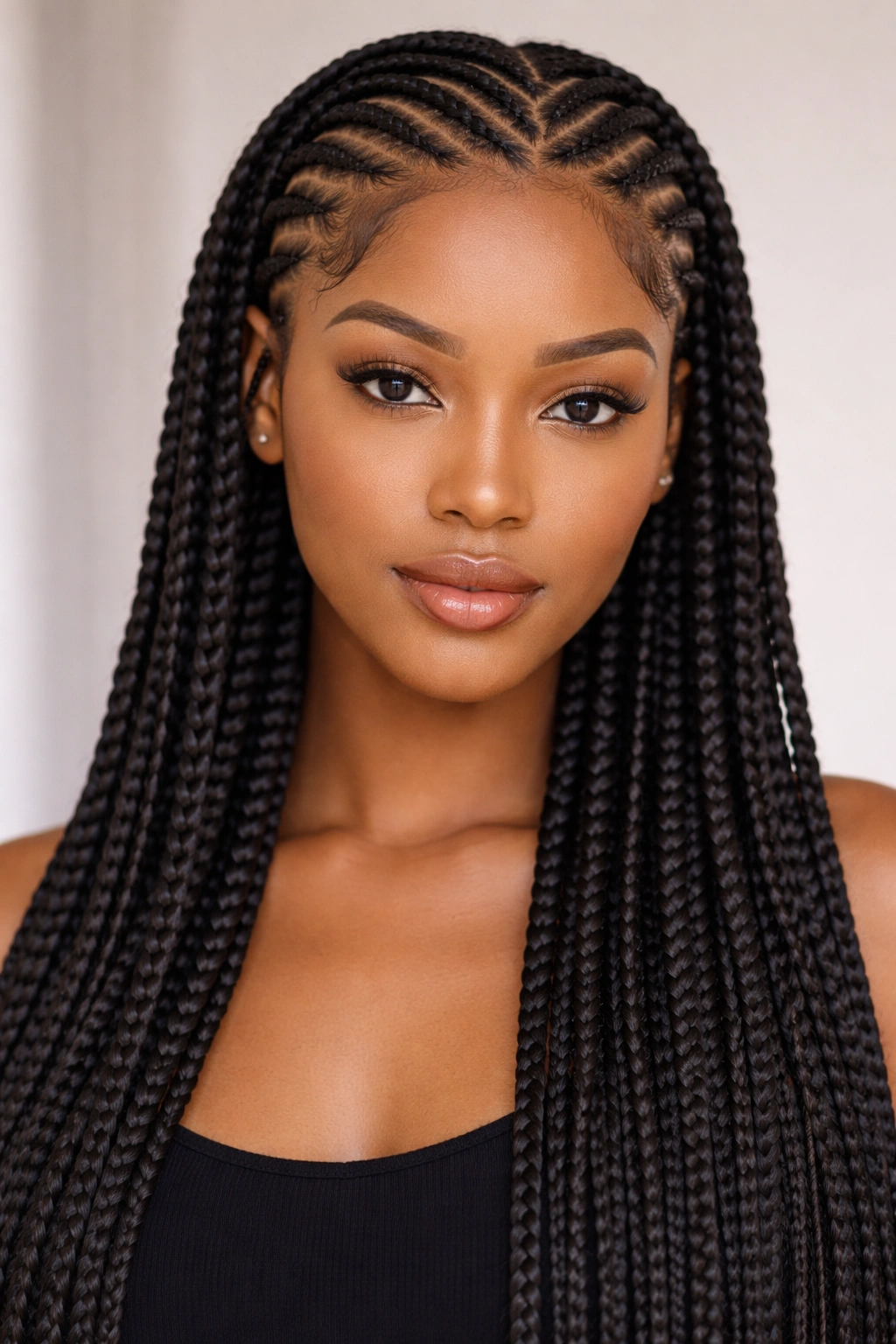 Front-facing zigzag cornrows framing the face with box braids cascading down the back