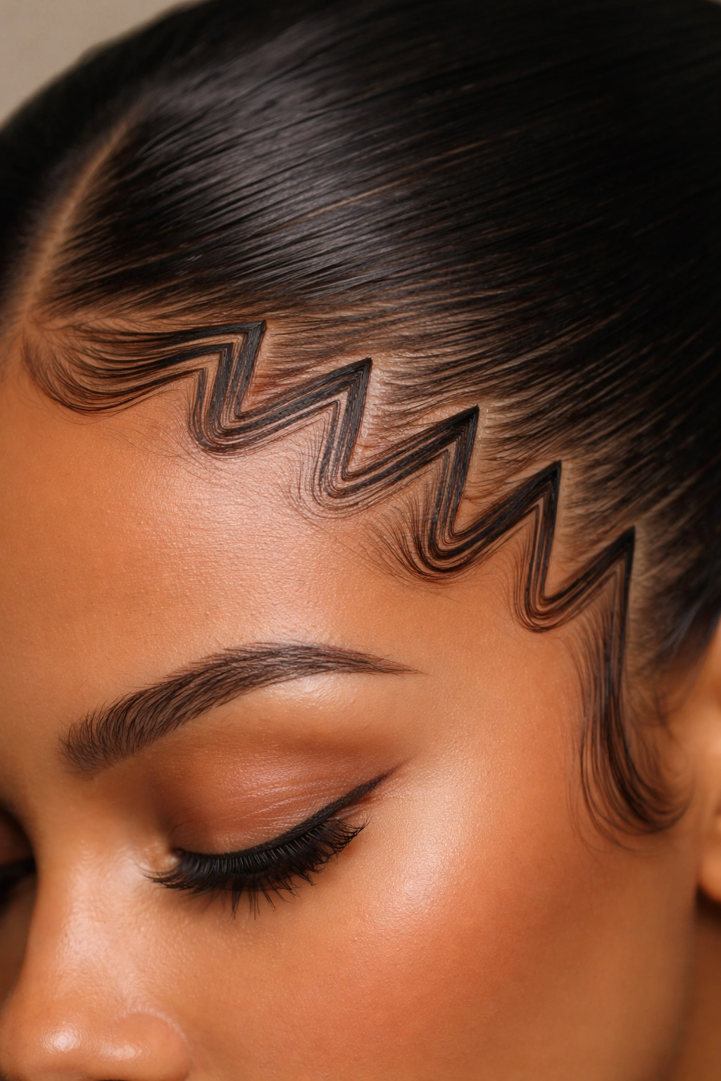 Close-up of a zigzag geometric edge pattern along a straight hairline