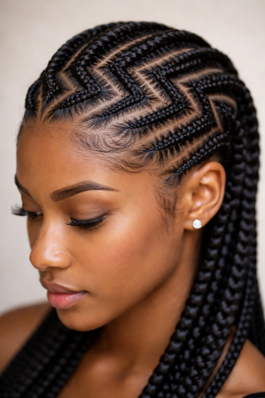 Close-up of zigzag Ghana braids with bold angular pattern on natural hair