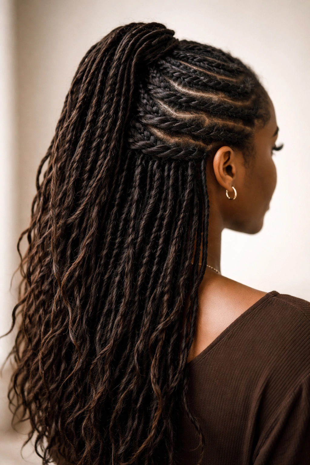 Zigzag twisted locs half up half down hairstyle from back angle