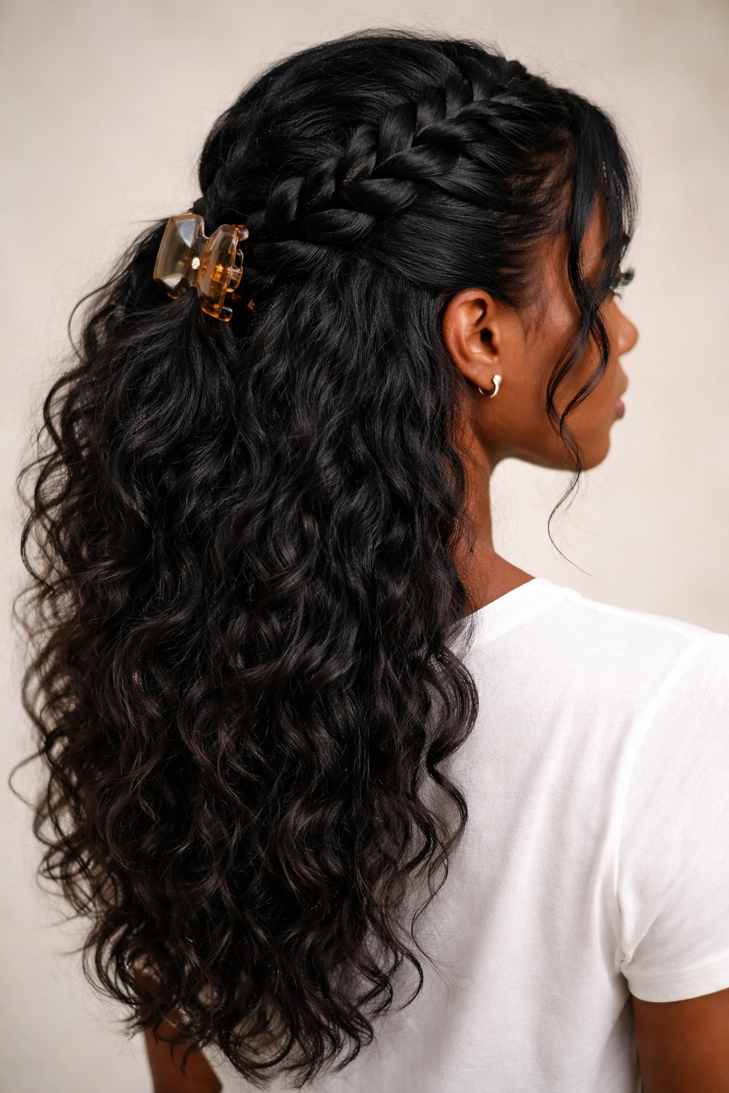 Back and side view of zigzag part with braid and claw clip