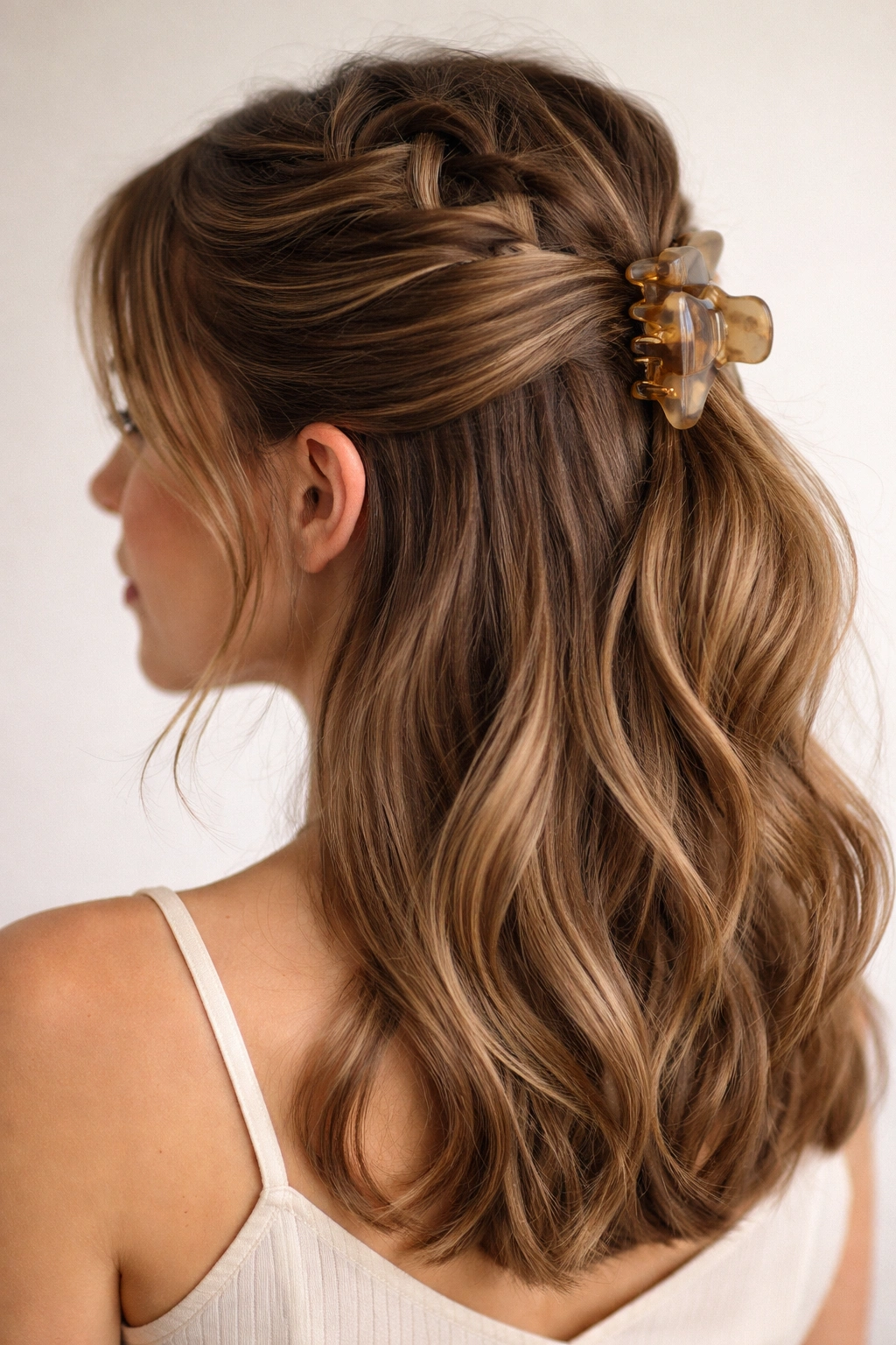 Zigzag-part half-up hairstyle with claw clip