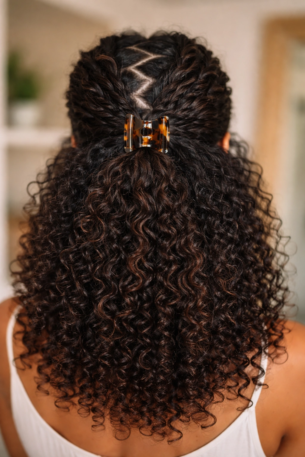 Hair with zigzag crown part and half-up clip showing texture.