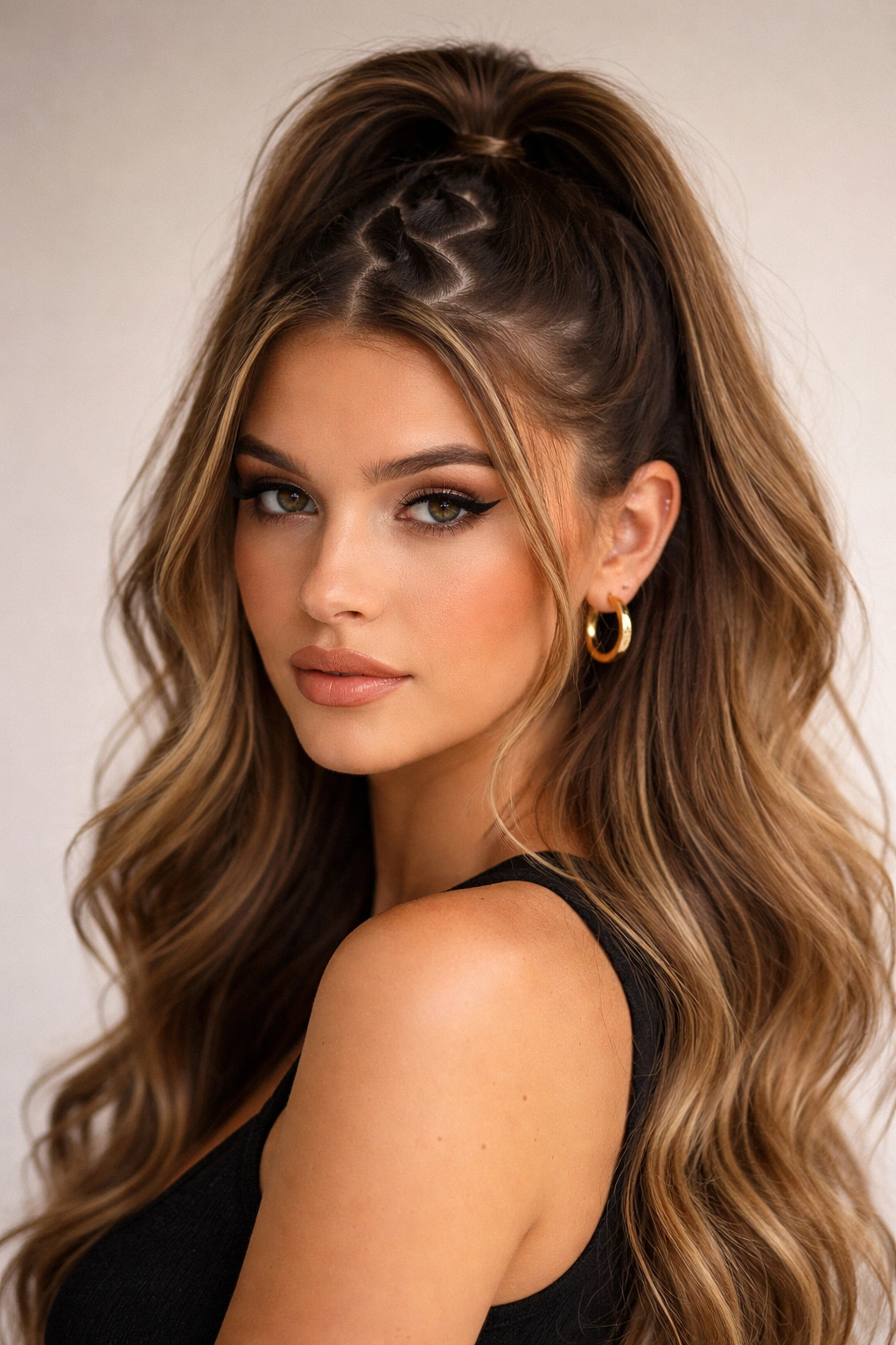 Front view with bold zigzag part and half-up gathered at back