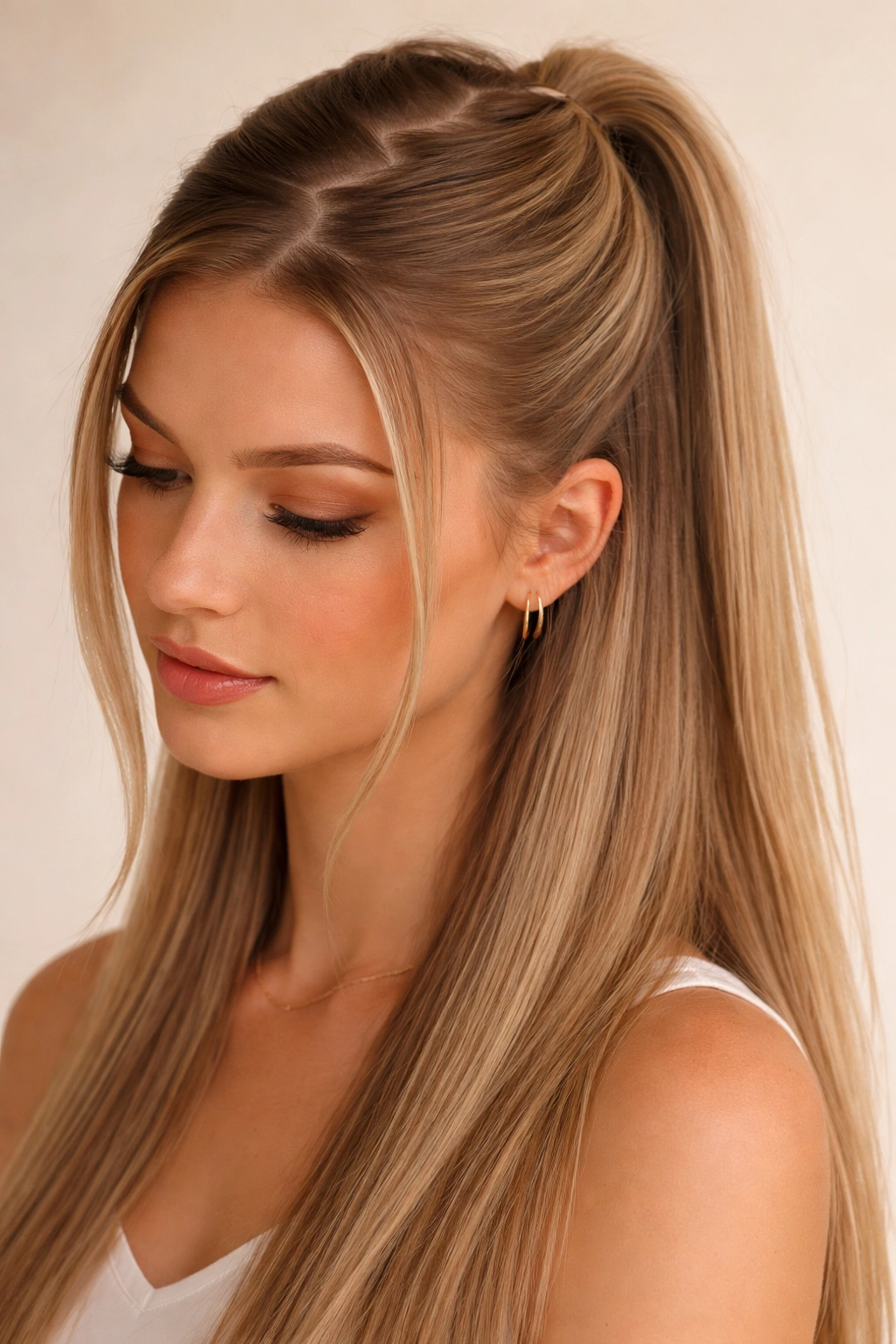 Close-up of straight hair with a crisp zigzag part and half-up section