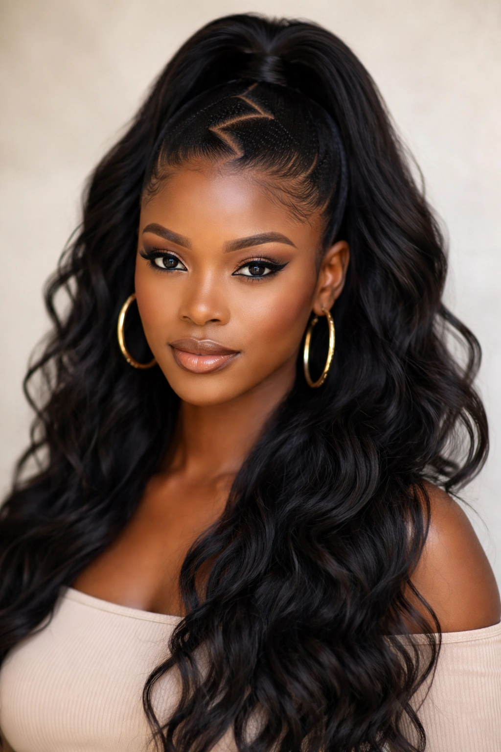 Half-up hairstyle with a bold zigzag part and gathered section
