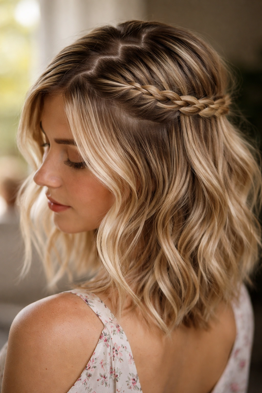 Zigzag part half-up hairstyle with back braid on short hair