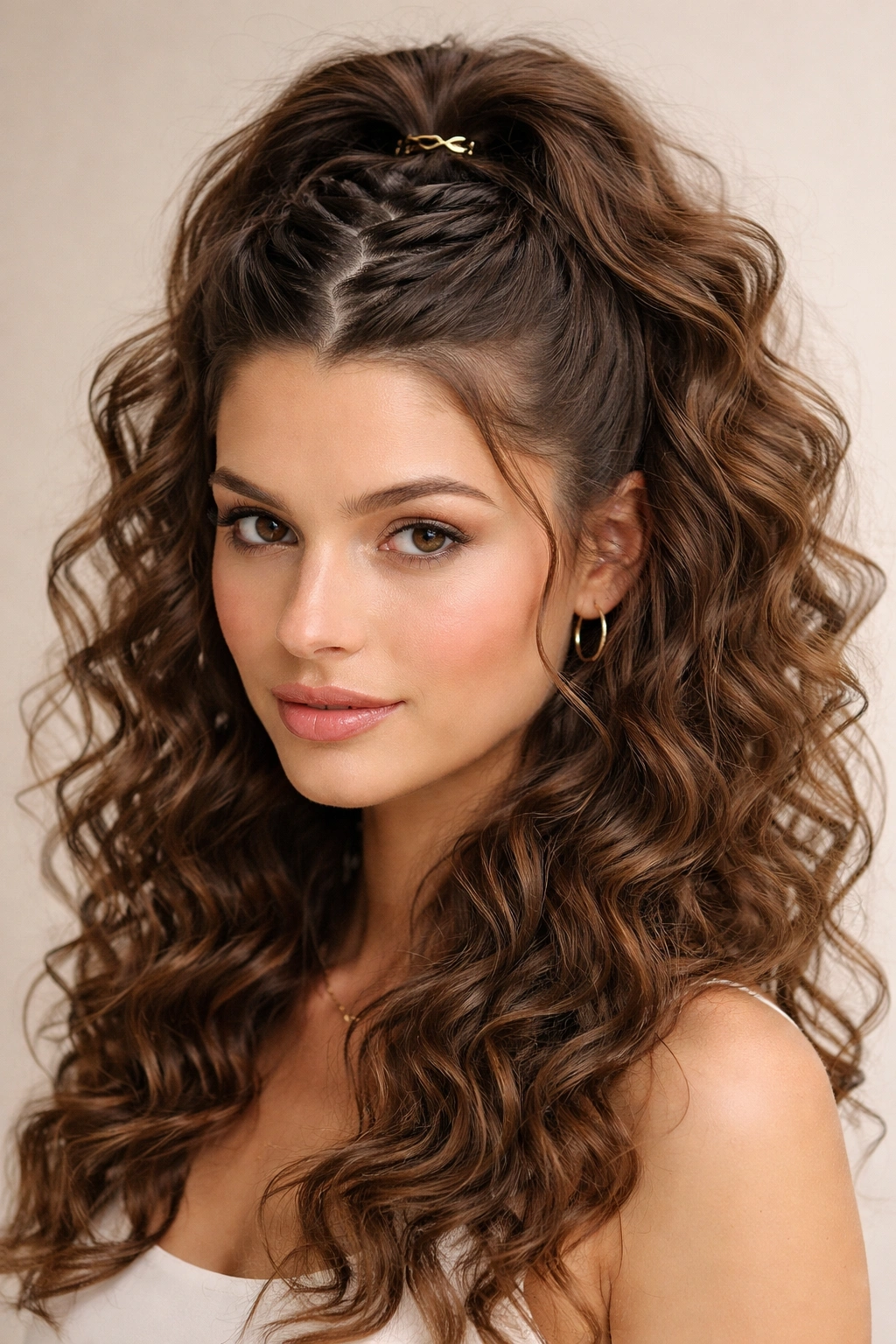 Wavy curls with a zigzag part and gathered crown section