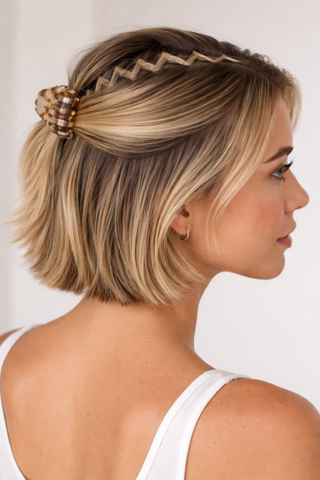 Close-up of short straight hair with a bold zigzag part and top section clipped back