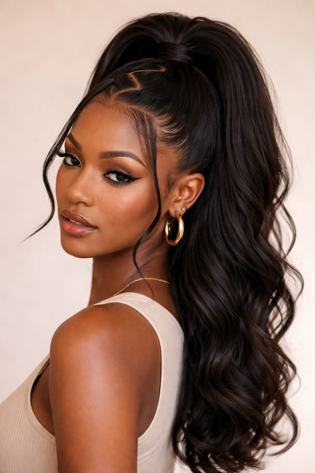 Close-up of zigzag-part half-up hairstyle