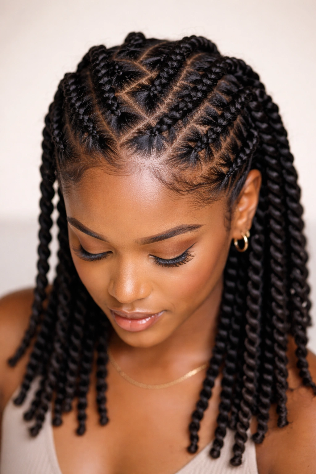 Zigzag part with two-strand twists on dark coily hair
