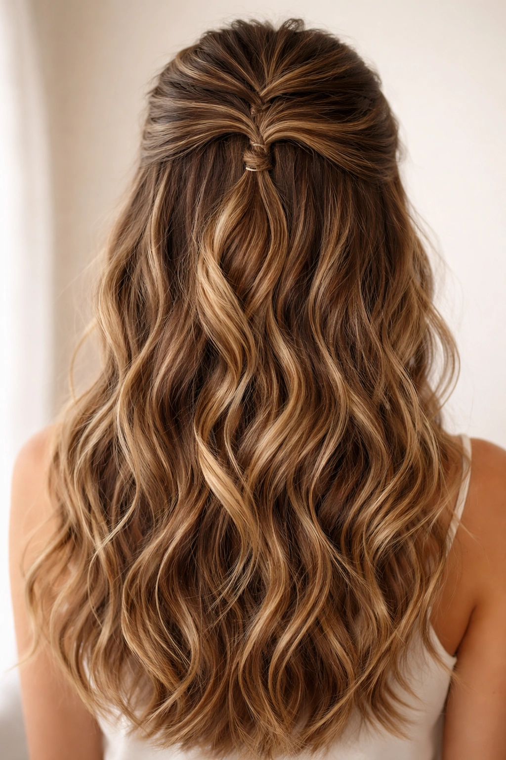 Close-up of wavy hair with a zigzag crown part, half-up style showing texture