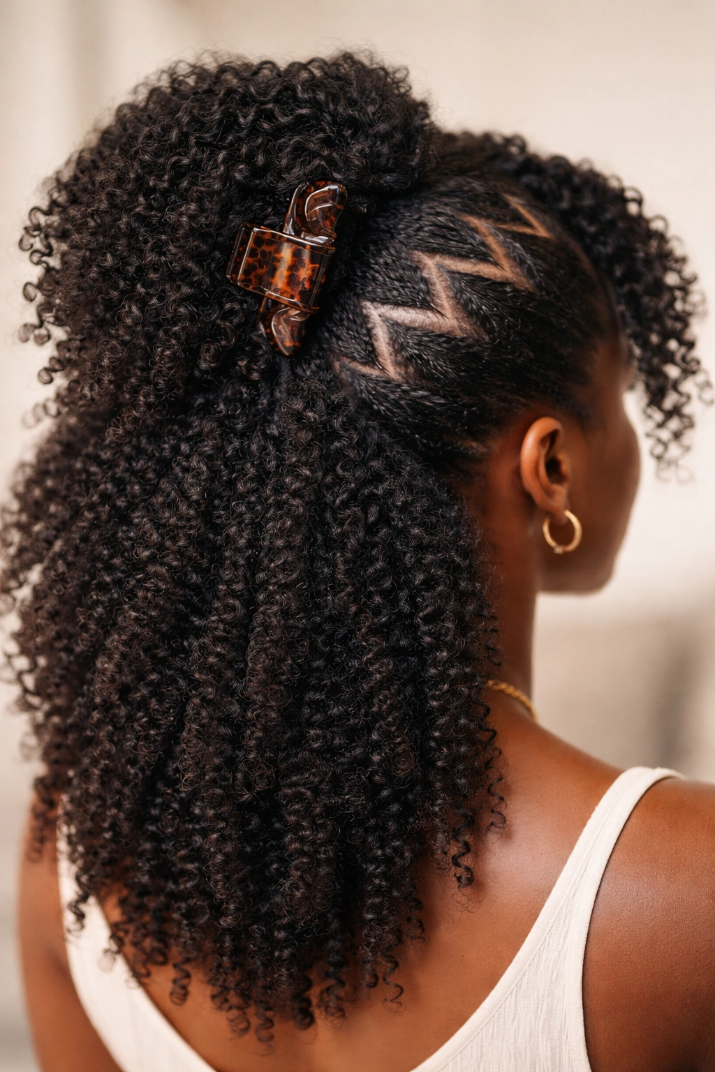 4C hair with a zigzag crown part and clipped gathered sections