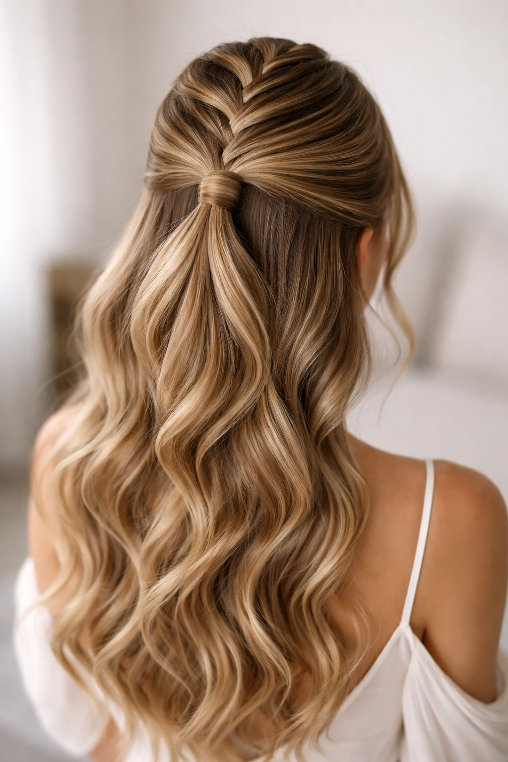 Top zigzag partition smoothed back into a half-up ponytail with soft waves below