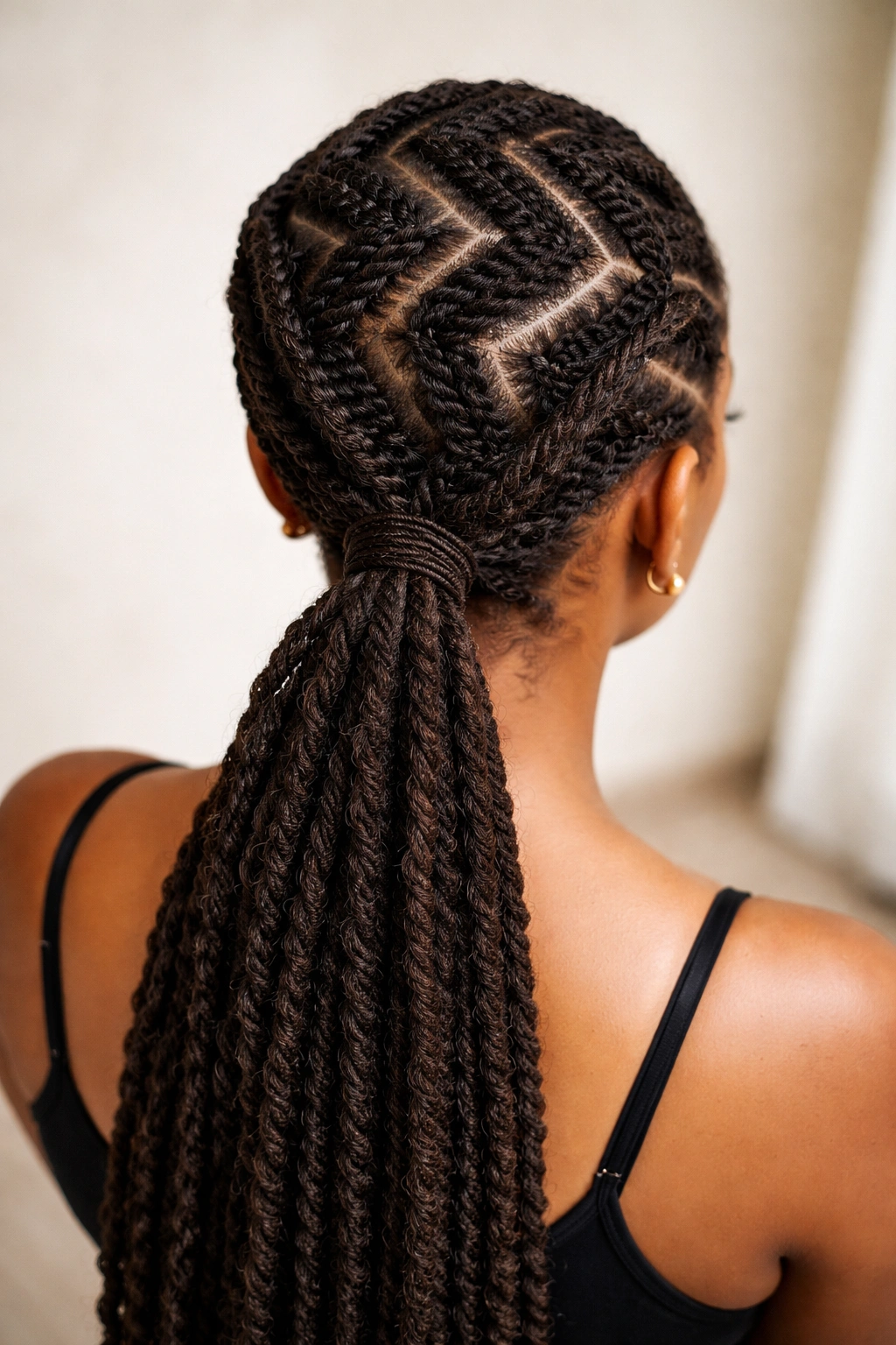 Top-down view of a zigzag twisted ponytail showing three twists forming a zigzag across the scalp