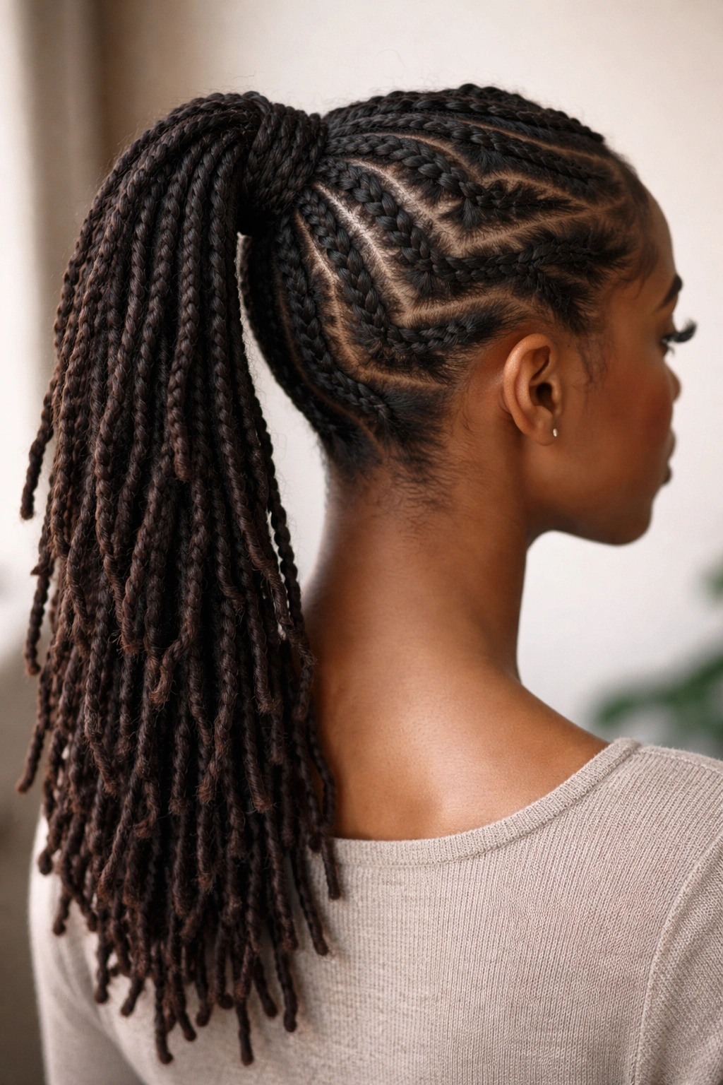 Zig-zag twist pattern across scalp with baby locs in a high ponytail.